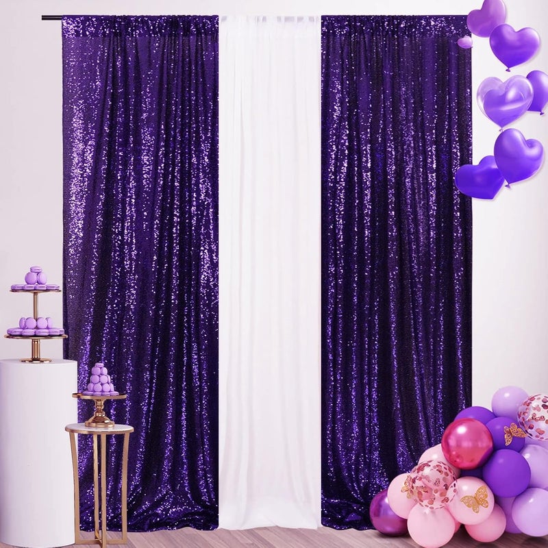SquarePie Sequin Backdrop 2FT x 8FT 2pcs Purple Background Sparkly Curtain for Halloween Wedding Party Decoration - Image 1